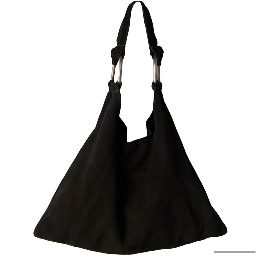 Free‎ People Black Suede Shoulder Bag Metal Bar Handles Boho Slouchy Tote - Picture 2 of 11